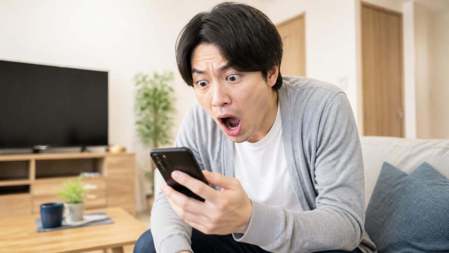 日本アクティブワーカーズと駆除ワーカーズは同じ会社。戸建てのリビングで男性1人がスマホの検索結果を見て驚く