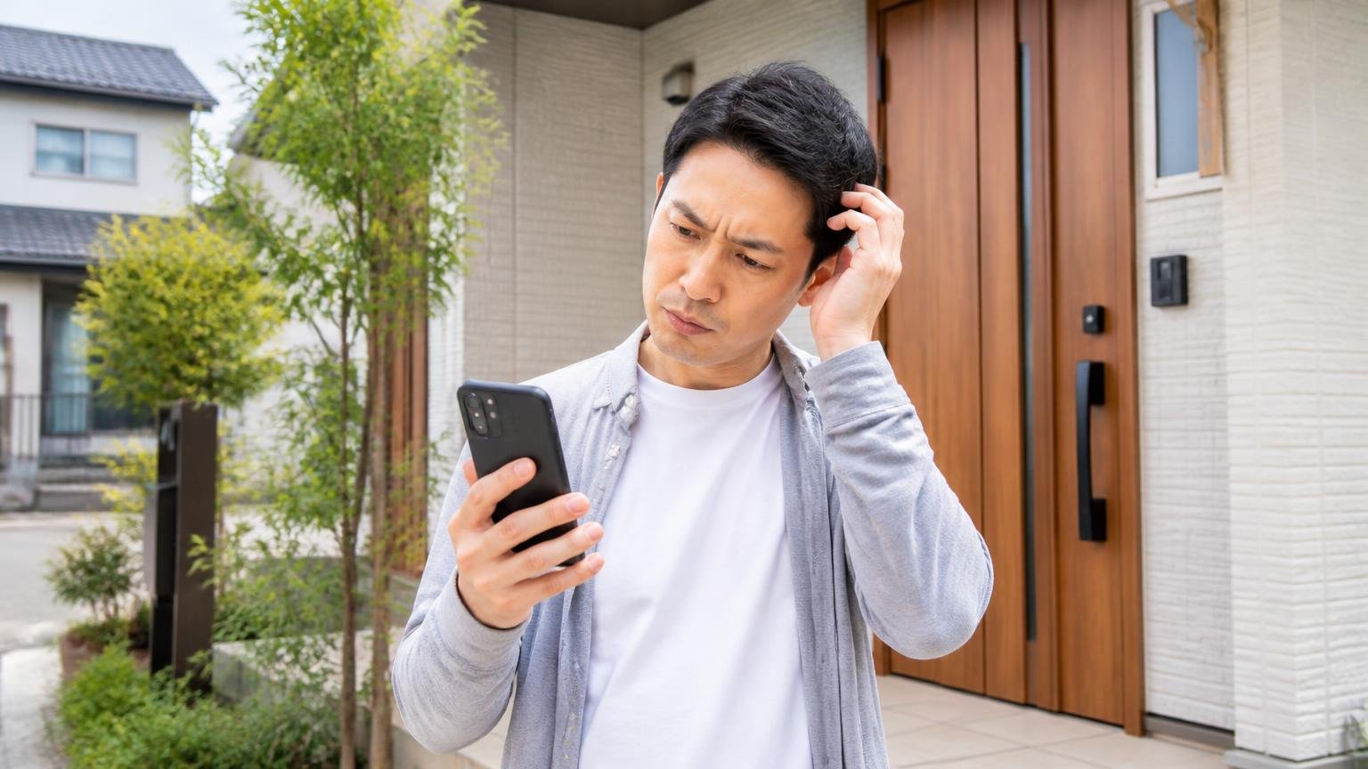 この記事が扱う会社の特定。横浜郊外の木造戸建て玄関前で、男性1人がスマホの検索結果を見比べ首をかしげる