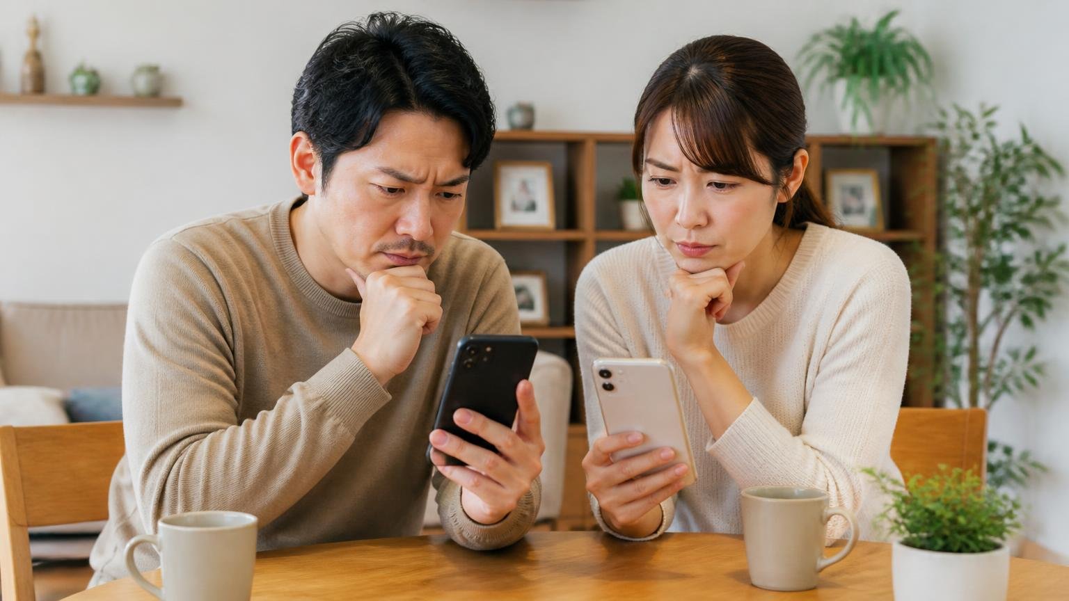 口コミを3層に分けて読む考え方。リビングのテーブルでスマホの口コミ画面を見比べる夫婦2人が真剣な表情