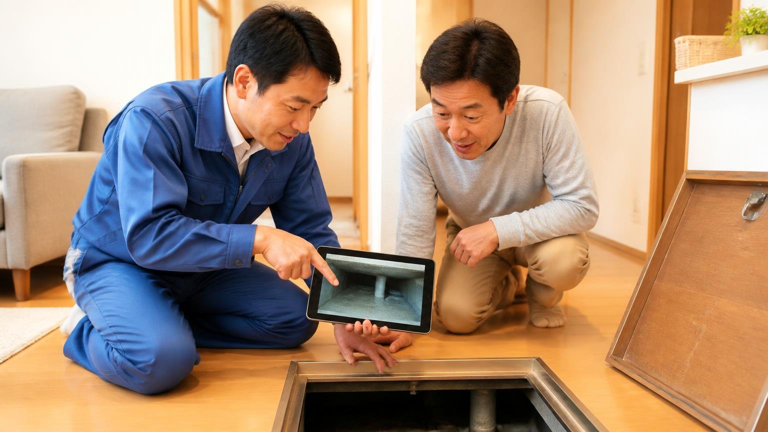 評判を一言でいうと価格ではなく見せて説明するで選ばれている会社 木造戸建ての床下点検口の前 作業員と住人の2人 タブレットの床下写真を一緒にのぞき込む