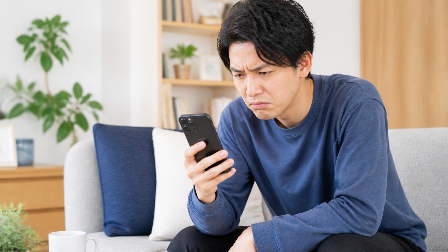 総合評価4.6のクチコミを読む。リビングのソファで男性1人がスマホ画面を見つめ眉をひそめる