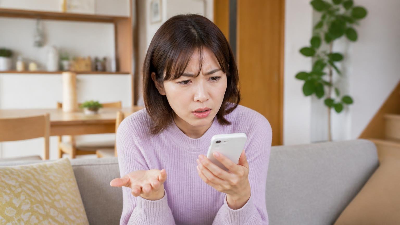 口コミが読めるのは実質1サイトだけという現実 木造戸建てのリビングでスマホを見ながら困惑する30代女性