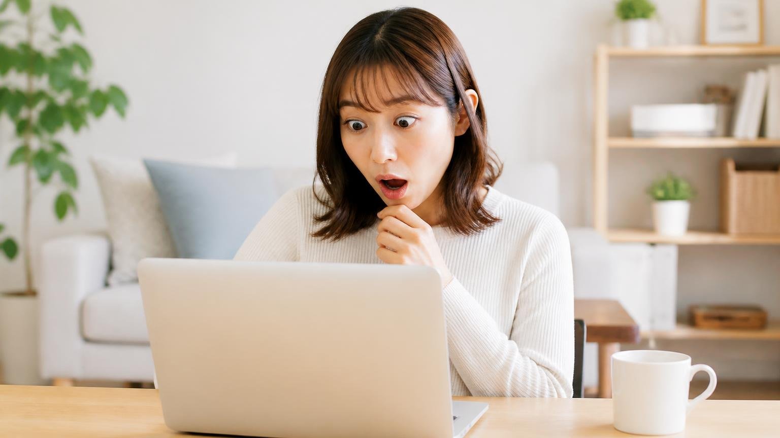 旧サービス名を調べる場面。リビングのテーブルでノートパソコンを見ながら驚いた表情の30代女性1人