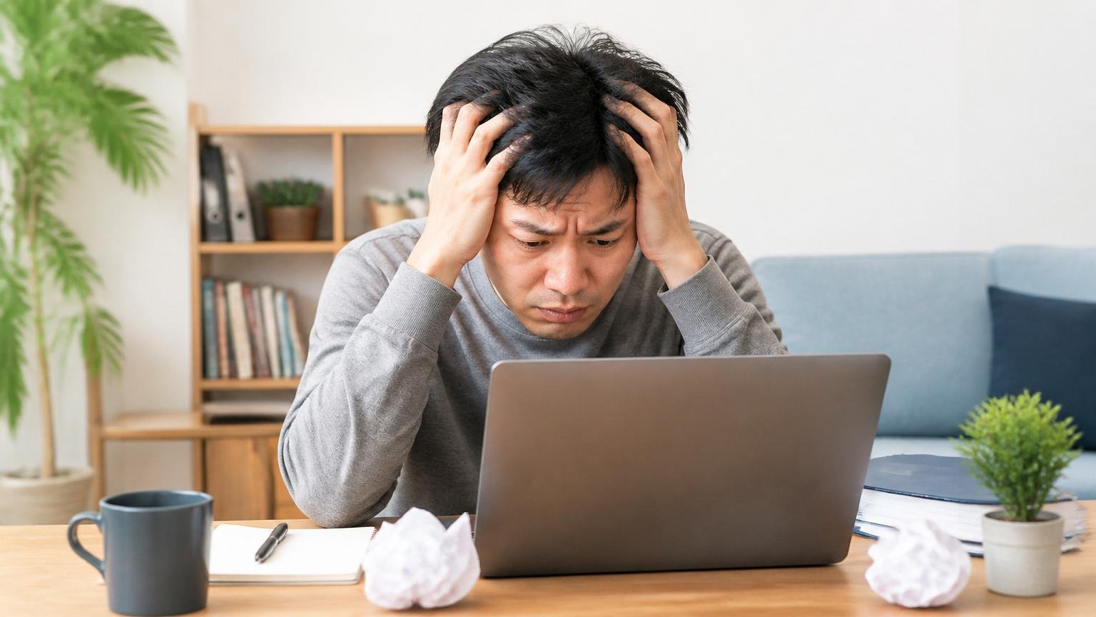 評判が見つからないのは調べ方のせいではない|自宅の机でパソコンを前に頭を抱える男性1人