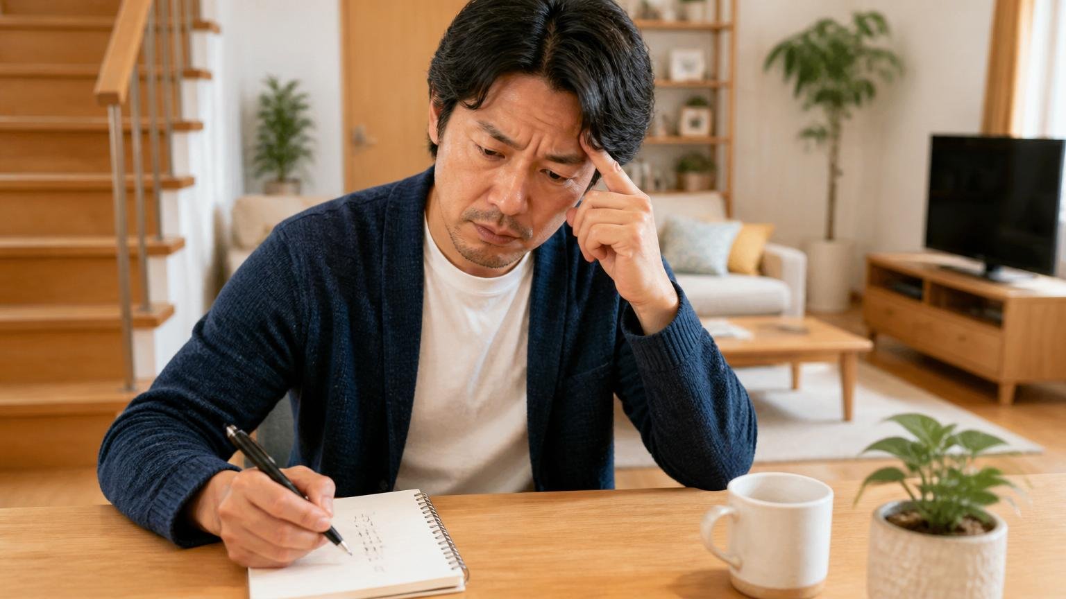口コミ8件の内訳を確認する場面。木造戸建てのリビングで住人がノートに件数を書き出しながら考え込む表情