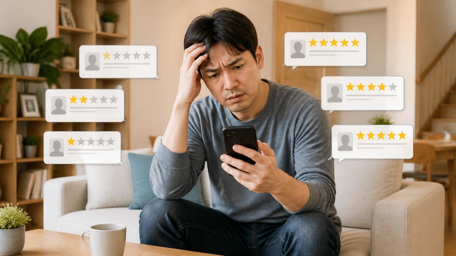 評判が良い悪いで判断すると迷子になる理由 木造戸建てのリビング 住人1人がスマホで口コミを見て困り顔
