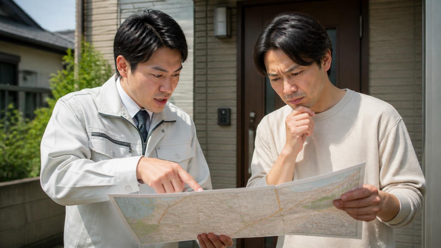 評判が良くても向いていない人がいる理由。住宅の玄関前で作業員と住人の2人が地図を広げて対応エリアを確認する