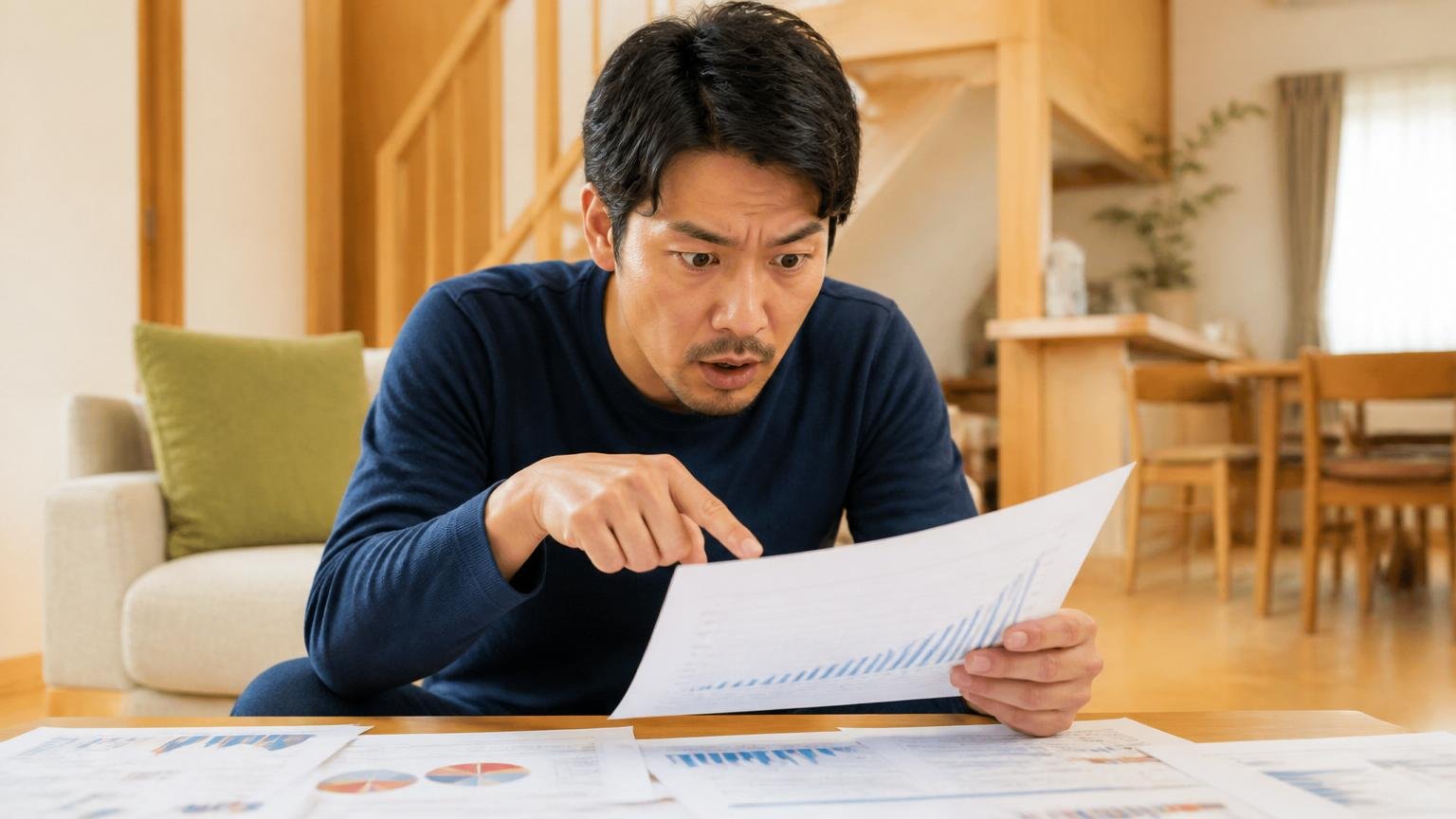 良い口コミが集中している1つのポイントに気づく場面。木造戸建てのリビングで書類を指さす男性1人が真剣な表情