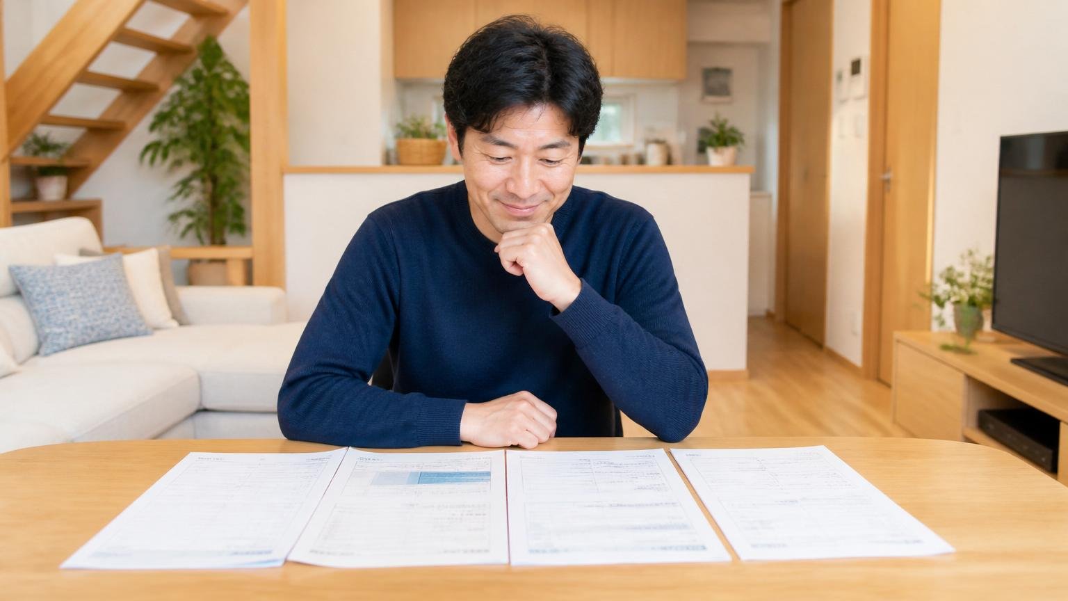 この記事を読み終えたときに手に入るもの。木造戸建てのリビングで男性1人が見積書を並べて安心した表情