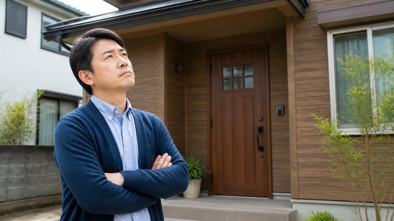 向いていない人もいると気づく場面。木造戸建ての玄関前で家を見上げる40代男性が腕を組んで考え込む