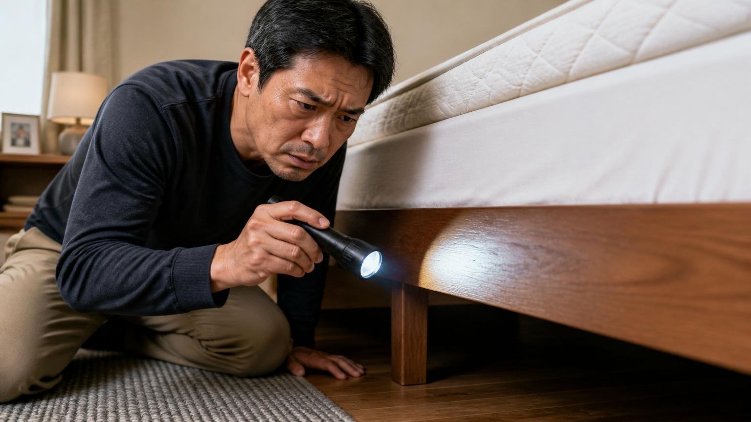 口コミがトコジラミに偏る|住宅の寝室で40代男性がベッド脇を懐中電灯で照らし眉をひそめる