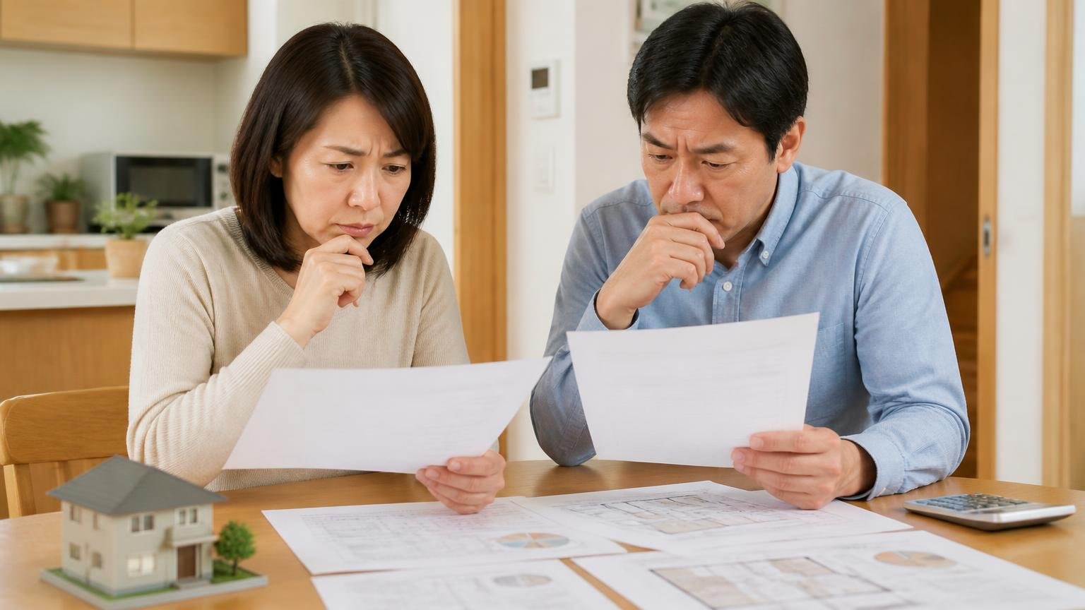 「悪い口コミがない」を安心材料にしてはいけない理由。木造戸建てのダイニングで夫婦2人が資料を前に考え込む