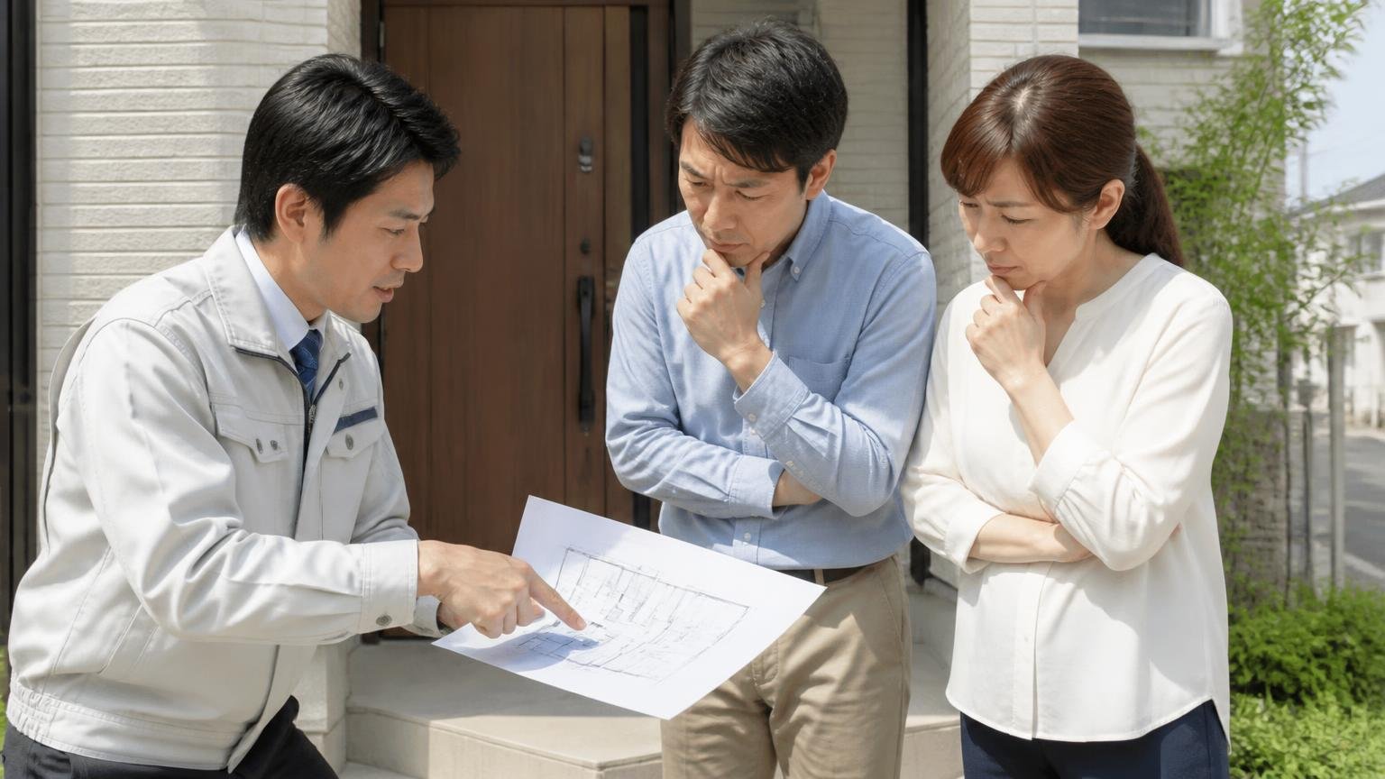 良い評判は速さと説明に集中。玄関前で作業員が住人2人に図面を指さして説明する