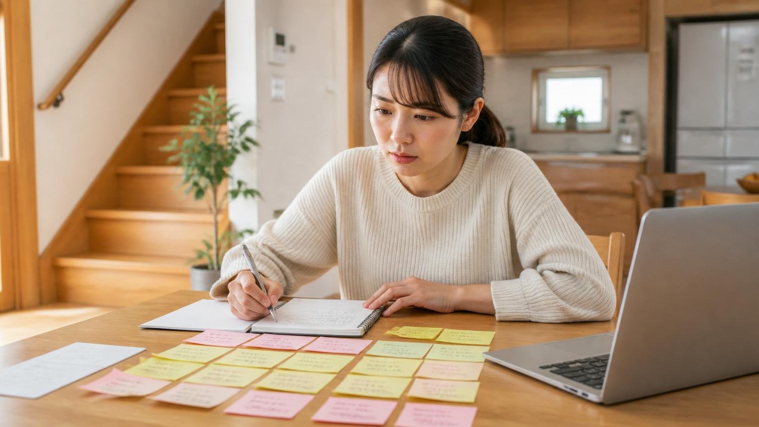 口コミで分かることと分からないことを整理する場面。木造戸建てのダイニングでメモを取る30代女性が真剣な表情