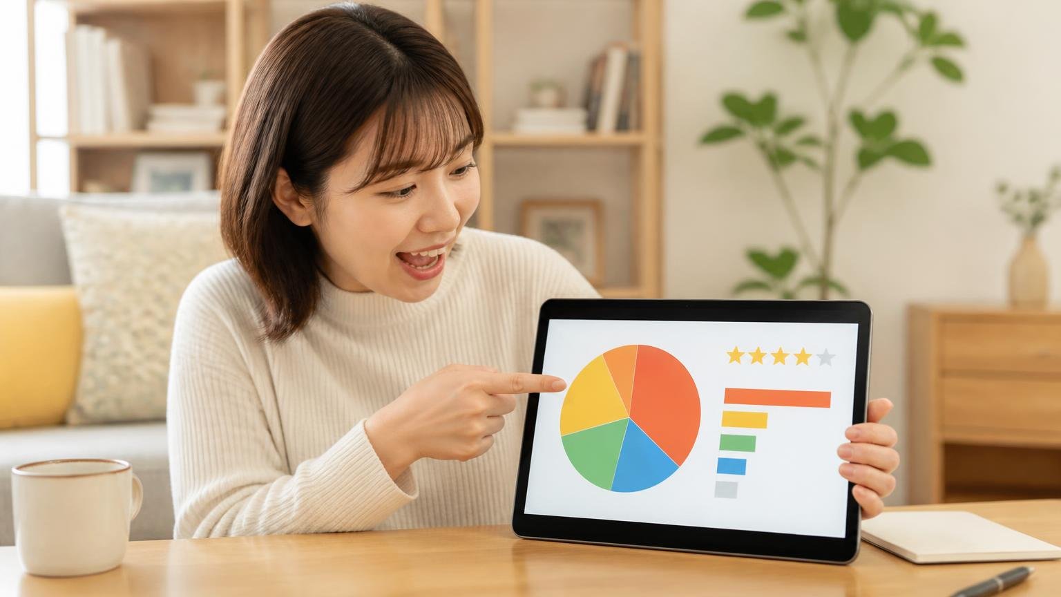 評価の内訳は星4以上が半数|リビングのテーブル|女性1人|タブレットのグラフを指さす