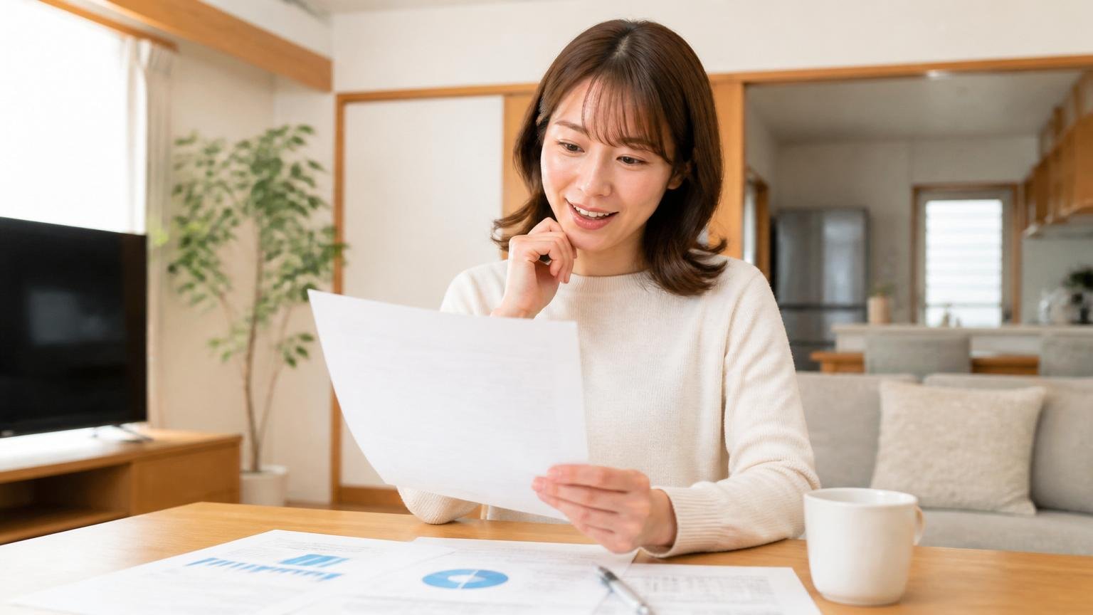 ラット大阪と株式会社ラットは同じ会社という確認 木造戸建てのリビングで書類を確認する30代女性が納得の表情