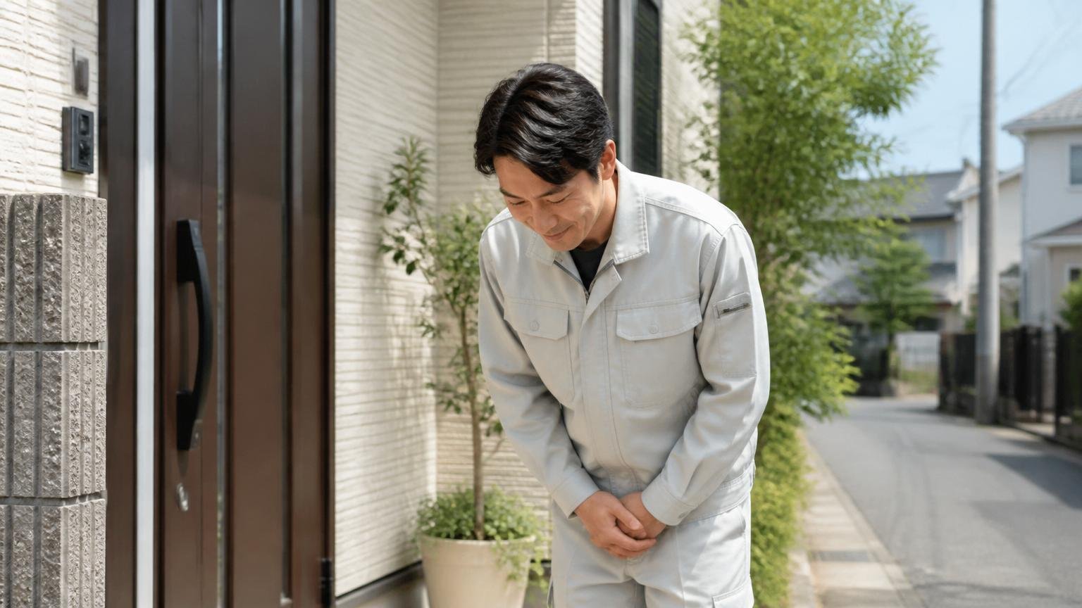 兵庫県川西市の株式会社トータルクリーンとは。住宅街の玄関前で作業服の男性1人が会釈する
