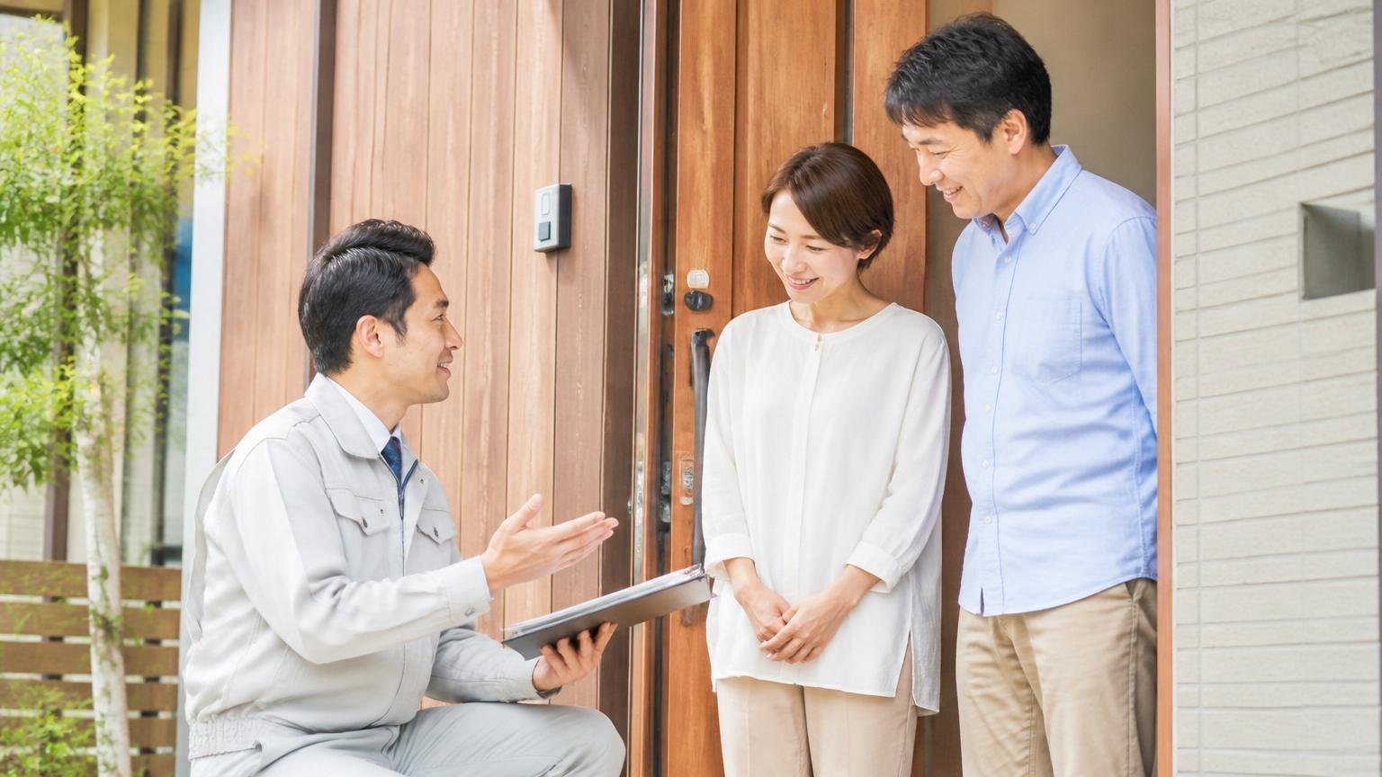 評価されている3つの軸。木造戸建ての玄関先で作業員が住人に丁寧に説明する場面、住人がうなずき納得した表情