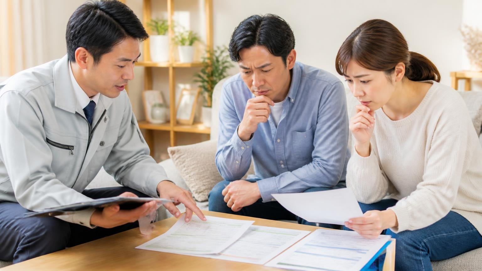 害虫害獣駆除の業者選びで使う3つの判断基準、リビングで作業員と打ち合わせする夫婦2人が書類を見比べる