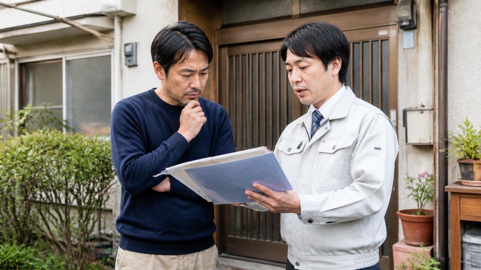 「評判が良い会社」より先に確認すべきこと。築古の戸建て玄関前で、40代男性が作業着の担当者と資料を見比べる