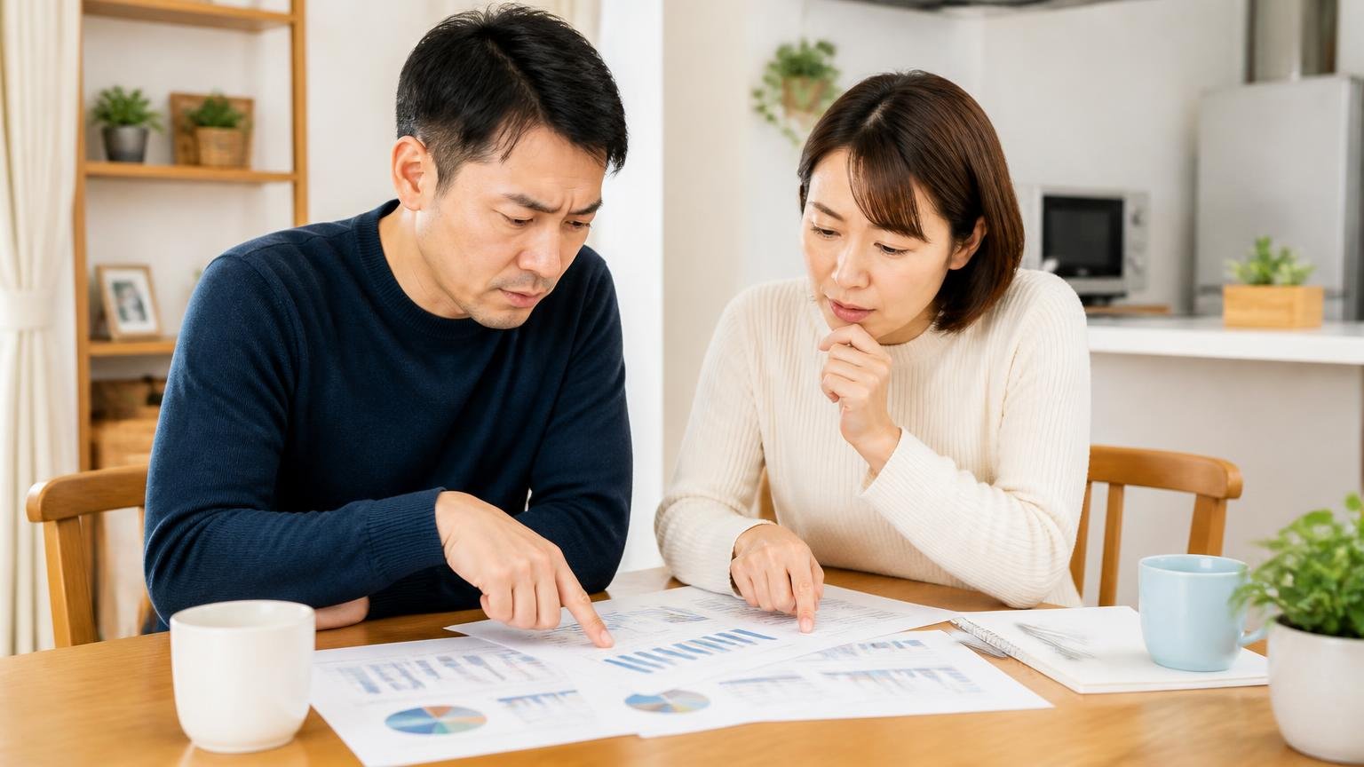 口コミが少ない会社を判断する3つの物差し。自宅ダイニングで夫婦2人が資料を指さし真剣に話し合う
