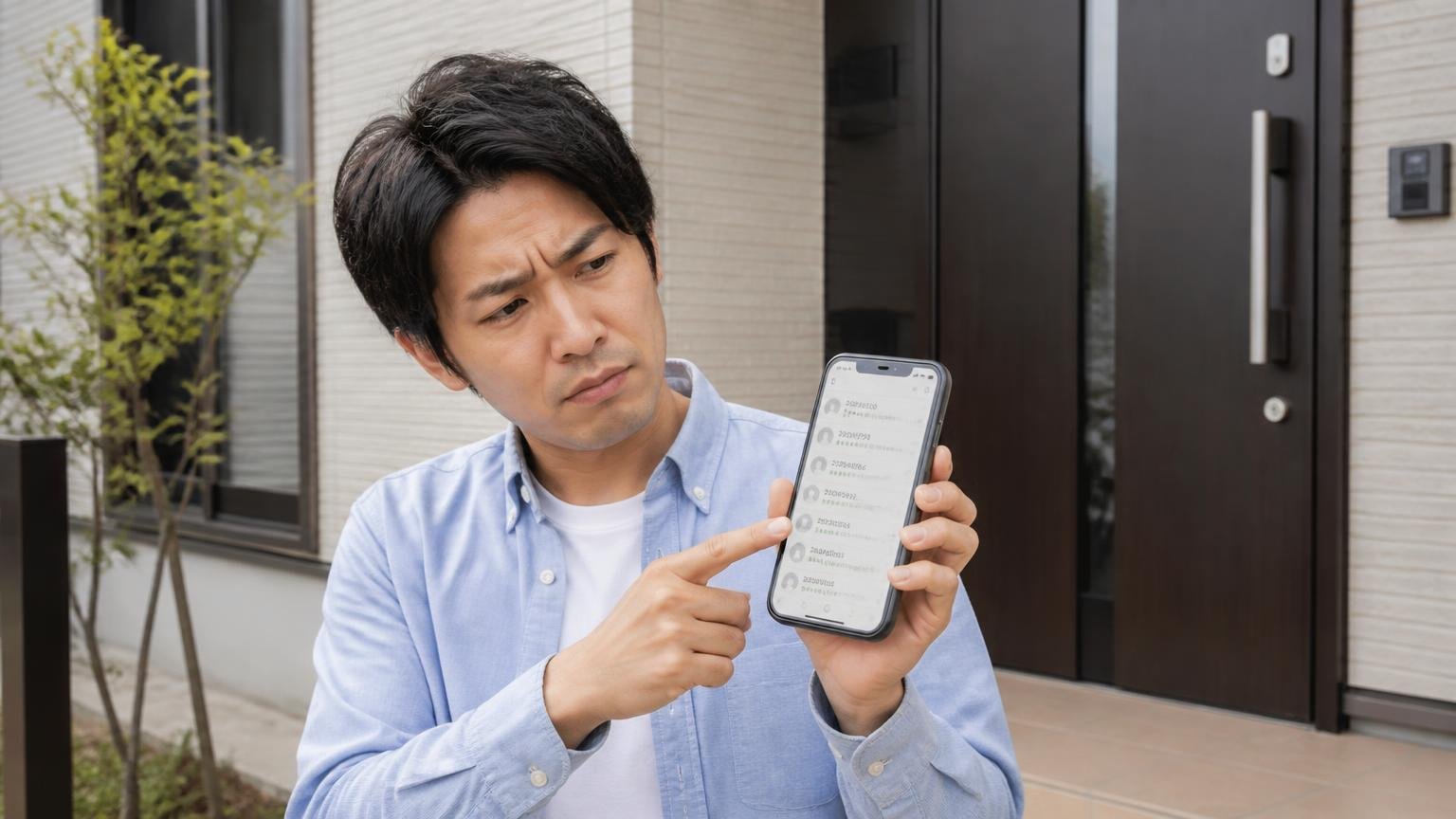 口コミの数と時期に注意が必要 住宅の玄関前で30代男性が1人スマホの投稿日付を指さし首をかしげる