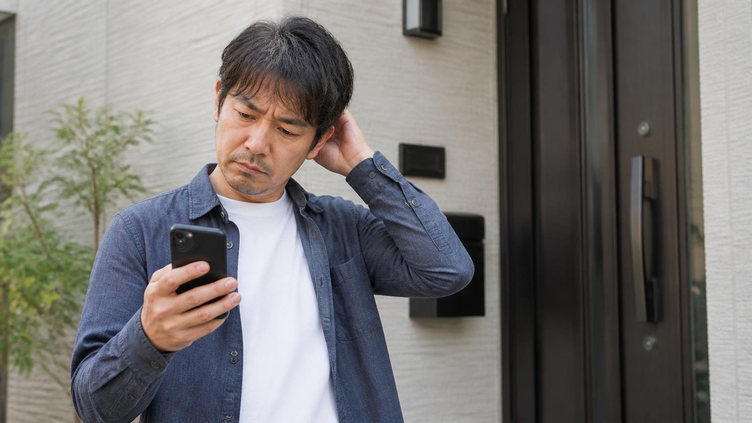 Googleマップの総合評価は★3.0(口コミ6件)/自宅の玄関前でスマホを見る/40代男性1人/地図アプリを見て首をかしげる