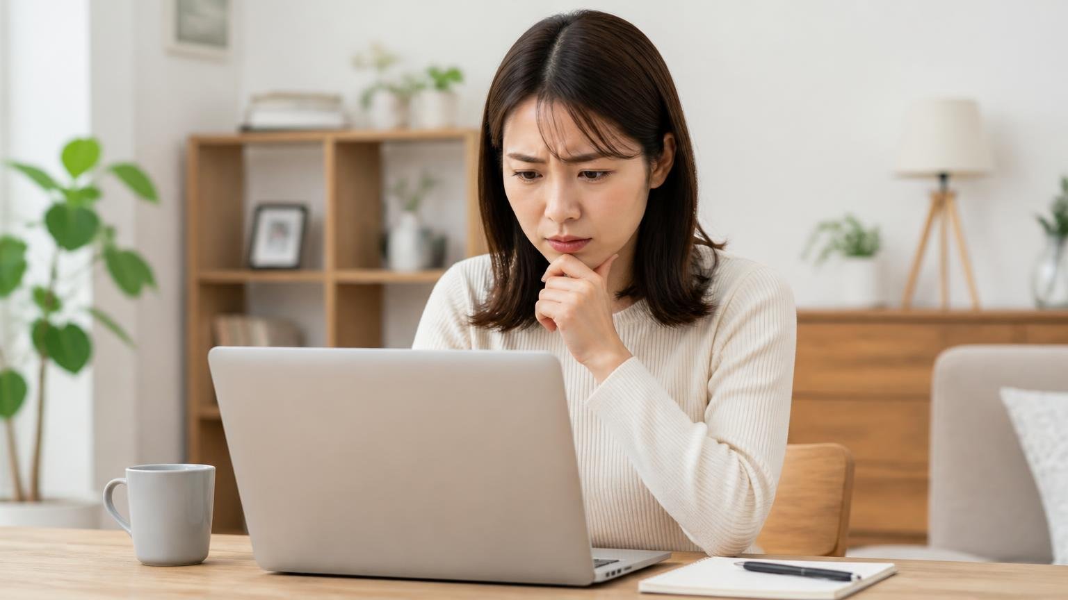 似た社名の業者を取り違えないよう確認する場面 自宅のダイニングでノートパソコンを見る女性1人 眉をひそめる表情