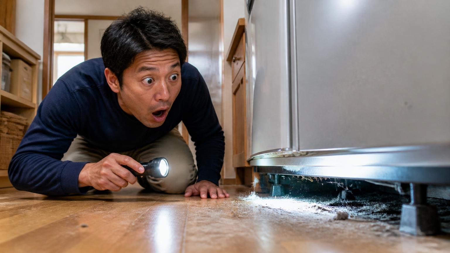 口コミの言及ワードから何に強い会社かを読み取る。木造戸建ての台所で男性1人が冷蔵庫の下を懐中電灯で照らし驚く