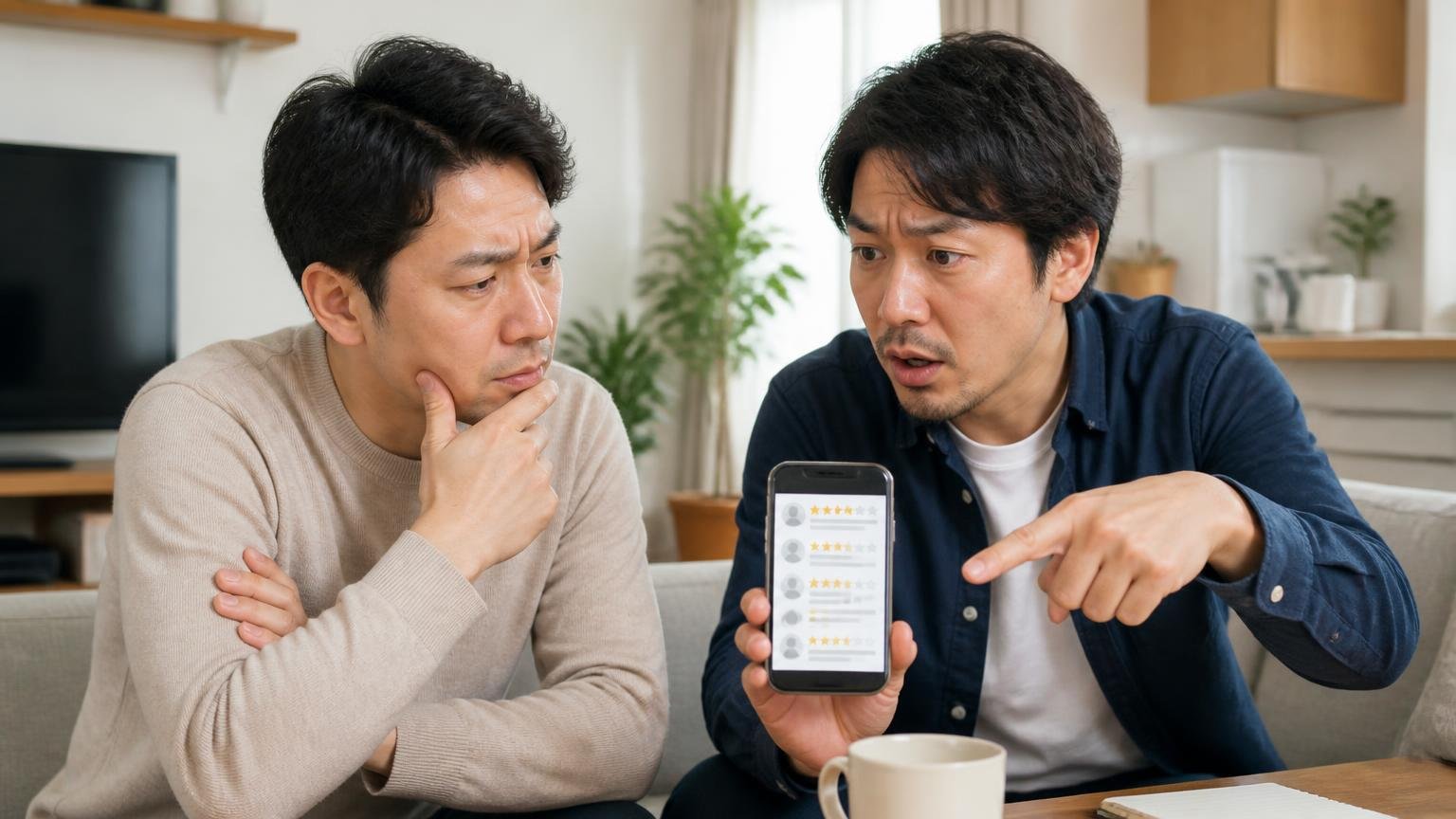 悪い評判がないを評判が良いと読み替えてはいけない理由。木造戸建てのリビングで男性2人が口コミ画面を指さして議論