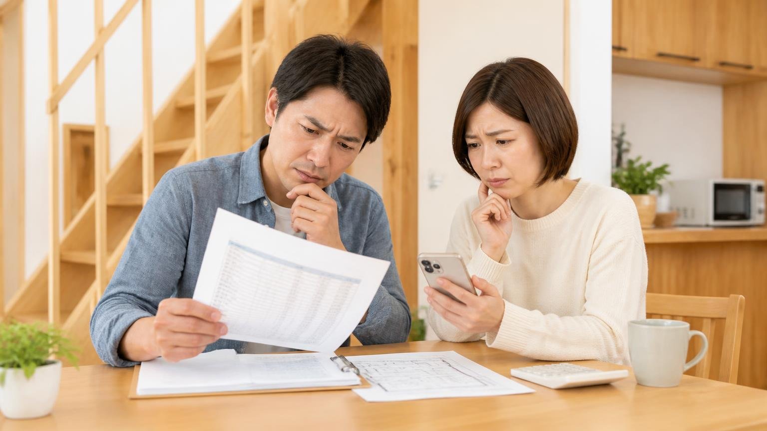 星の数だけでは判断できない理由。木造戸建てのダイニングで夫婦2人が見積書とスマホを見比べて悩む