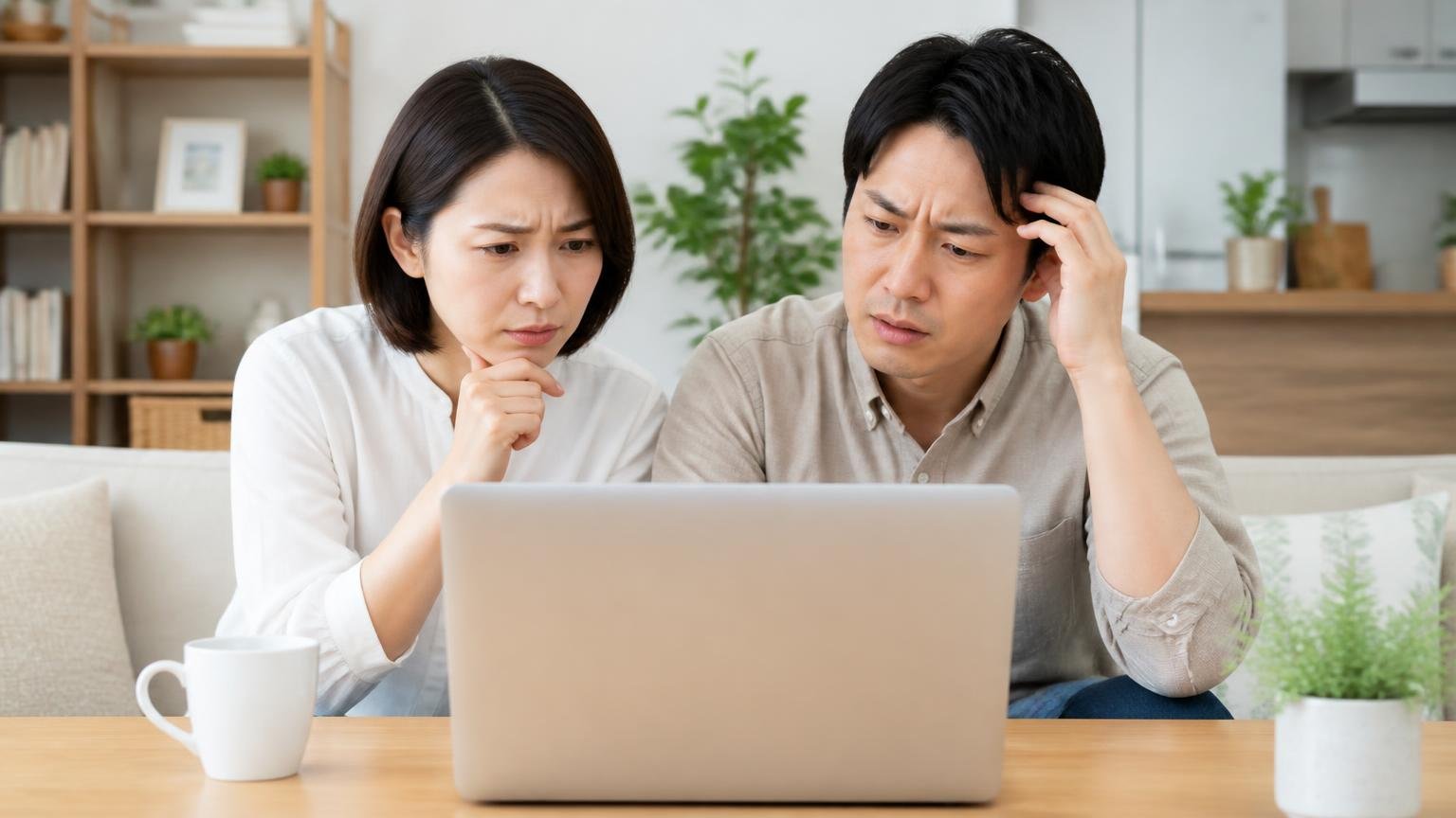 評判の全体像。リビングのテーブルでノートパソコンを開いた夫婦2人が口コミ件数の少なさに眉をひそめる