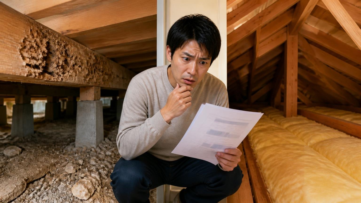 口コミがシロアリに厚く害獣に薄いという非対称を先に知っておく 住宅の床下と天井裏を見比べる場面 住人1人 資料を手に困惑した表情