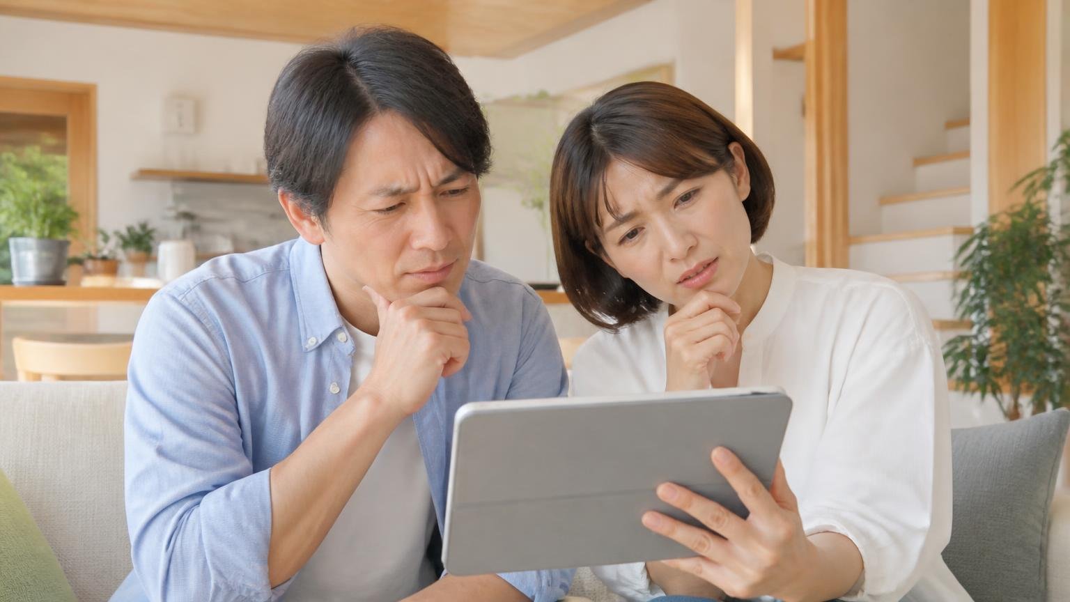 評価が割れる口コミ。木造戸建ての居間で夫婦2人がタブレットをのぞき込み首をかしげる