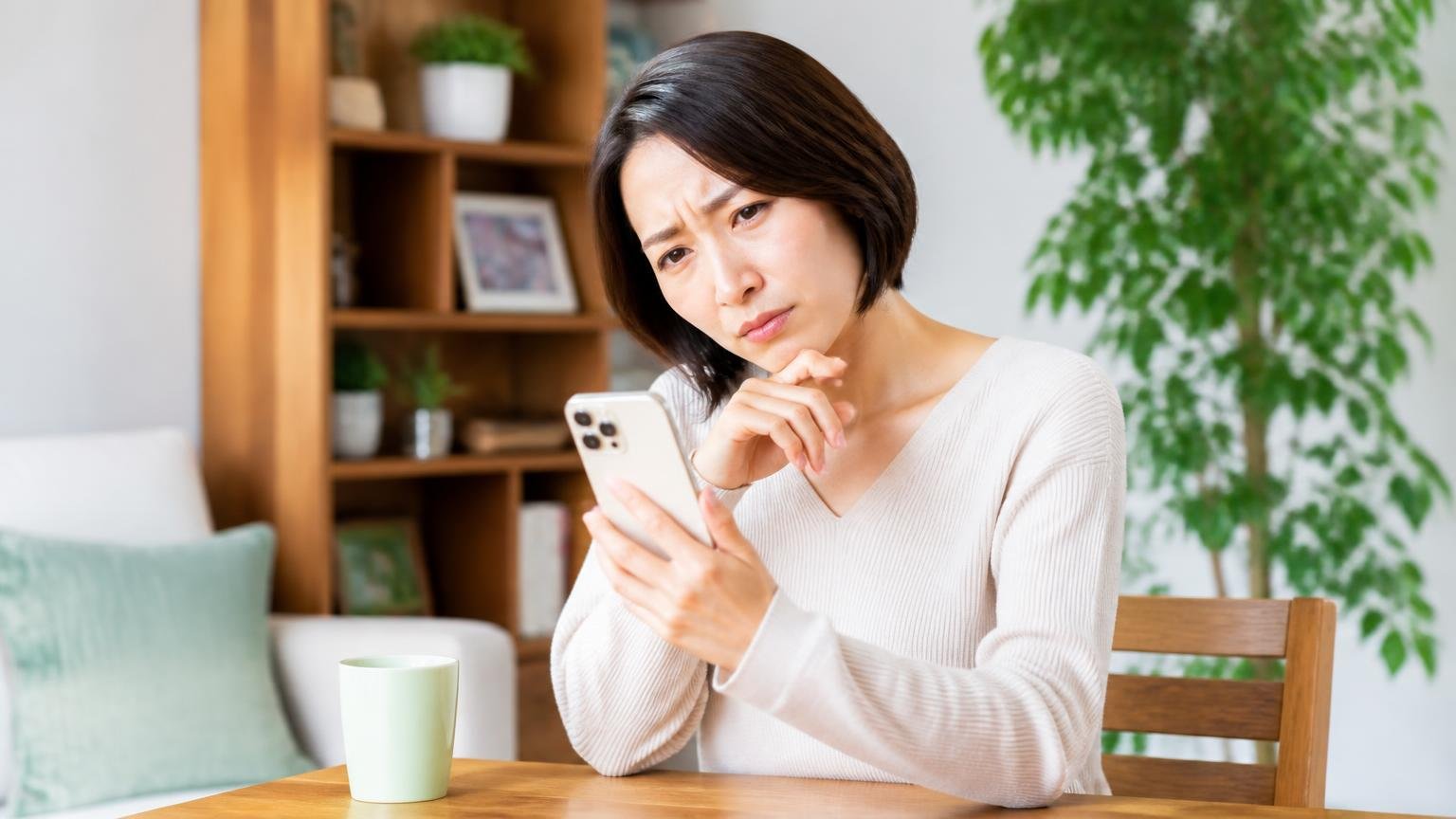 口コミの3つの弱点。ダイニングテーブルでスマホ画面を見つめ首をかしげる30代女性、腑に落ちない表情
