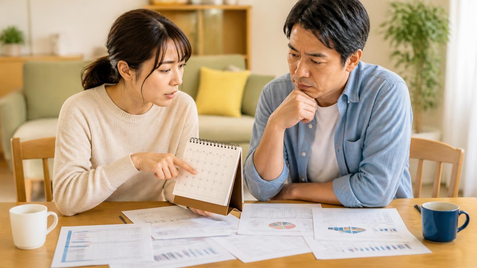 評価が割れる理由は口コミの数と投稿された時期/リビングのテーブルで書類を広げる/30代女性と40代男性の2人/カレンダーを指さして話し合う