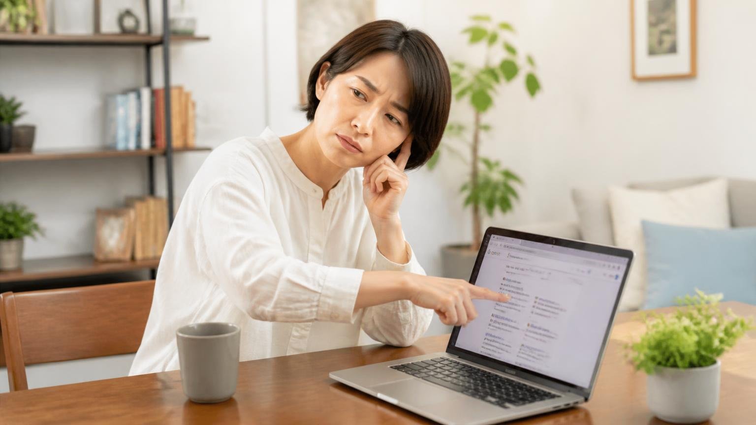 株式会社ハウステックとは別会社という注意点。リビングのテーブルで女性1人がノートパソコンの検索結果を指さし首をかたむける