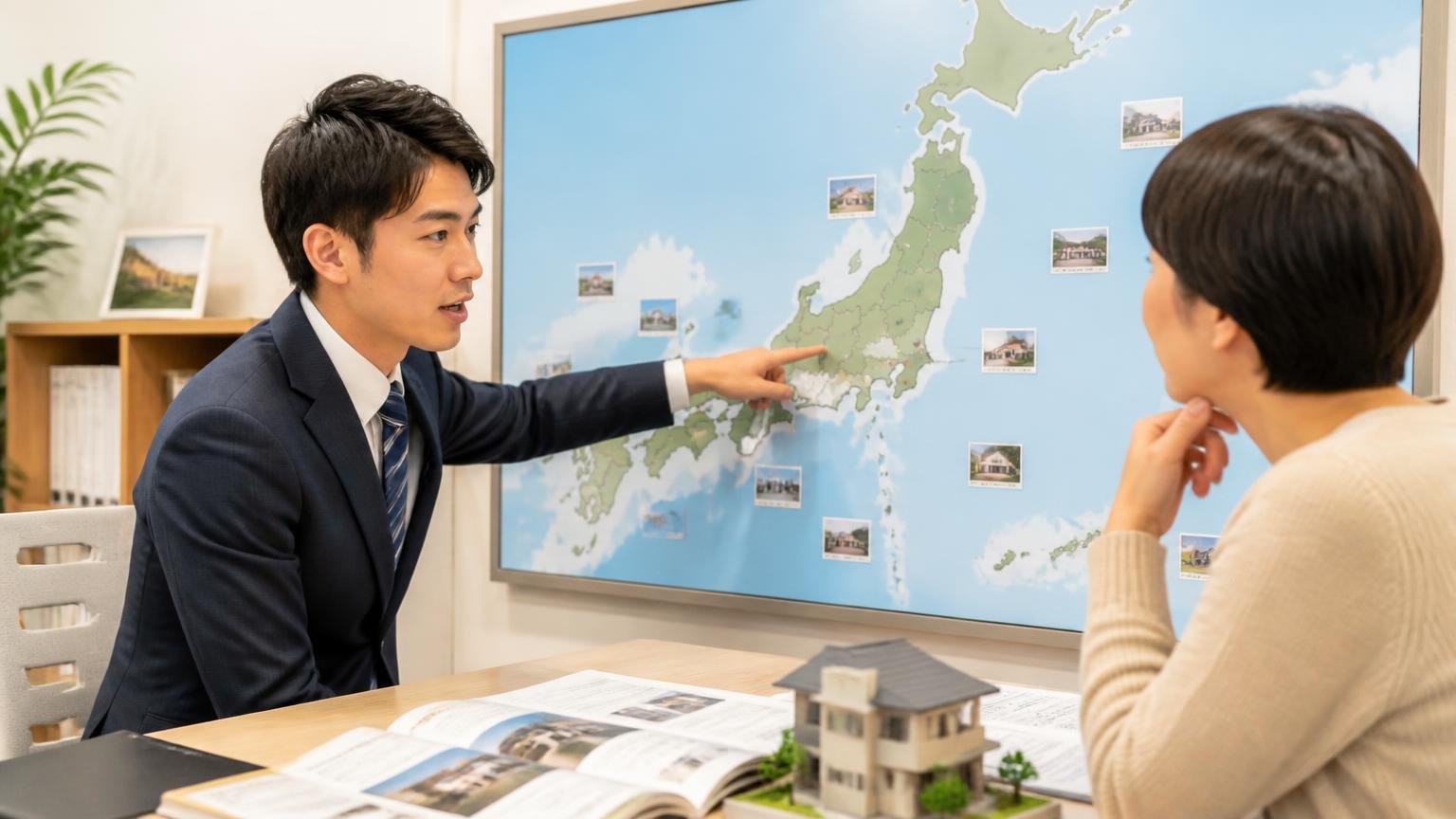 向いている人と向いていない人がはっきり分かれる会社でもある 日本地図のパネルを前にした住宅相談カウンター 相談者と担当者の2人 エリアを指差して説明
