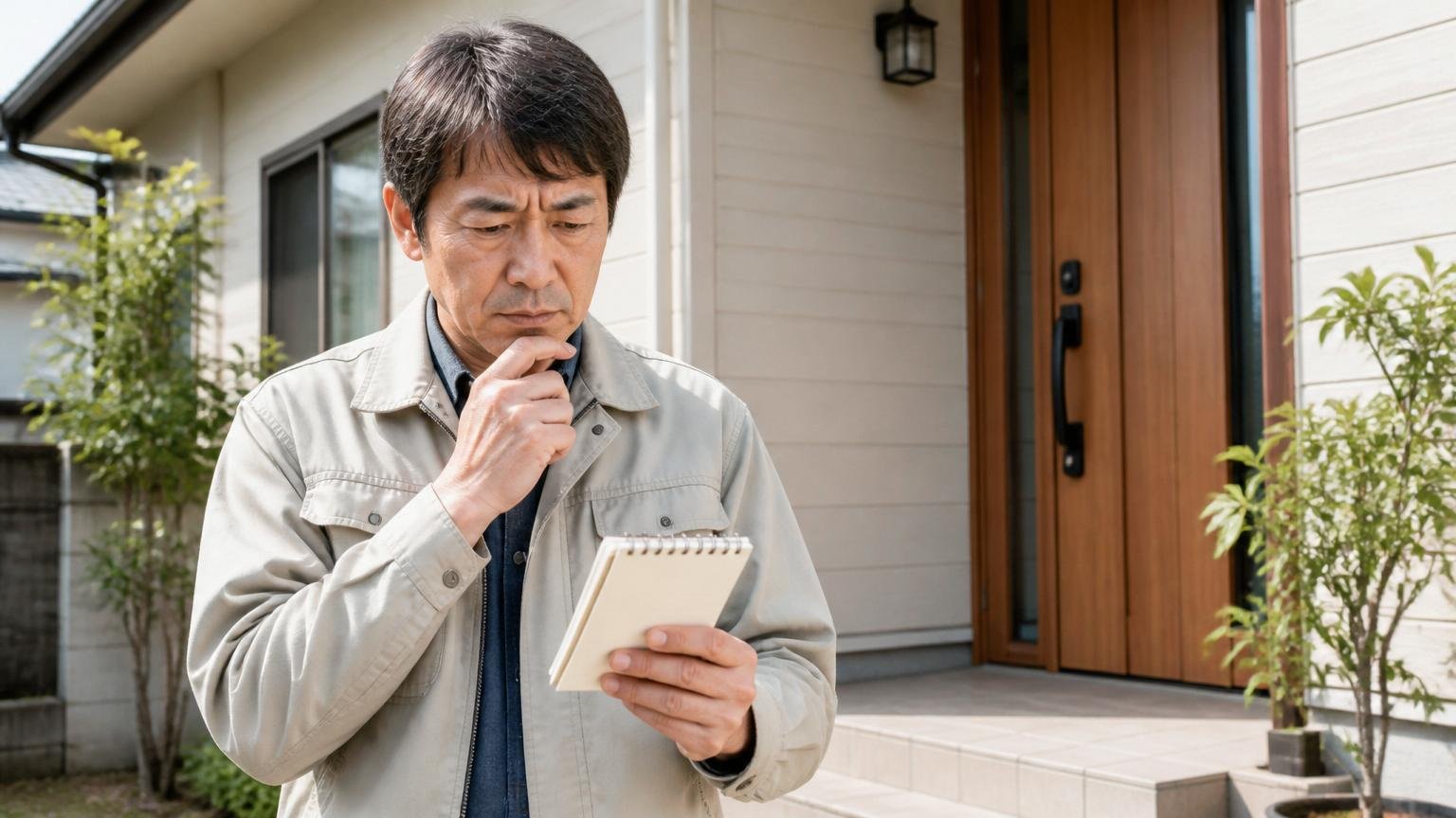 評判より先に確認すべきことを整理する 木造戸建ての玄関先でメモ帳に条件を書き出す50代男性が真剣な表情