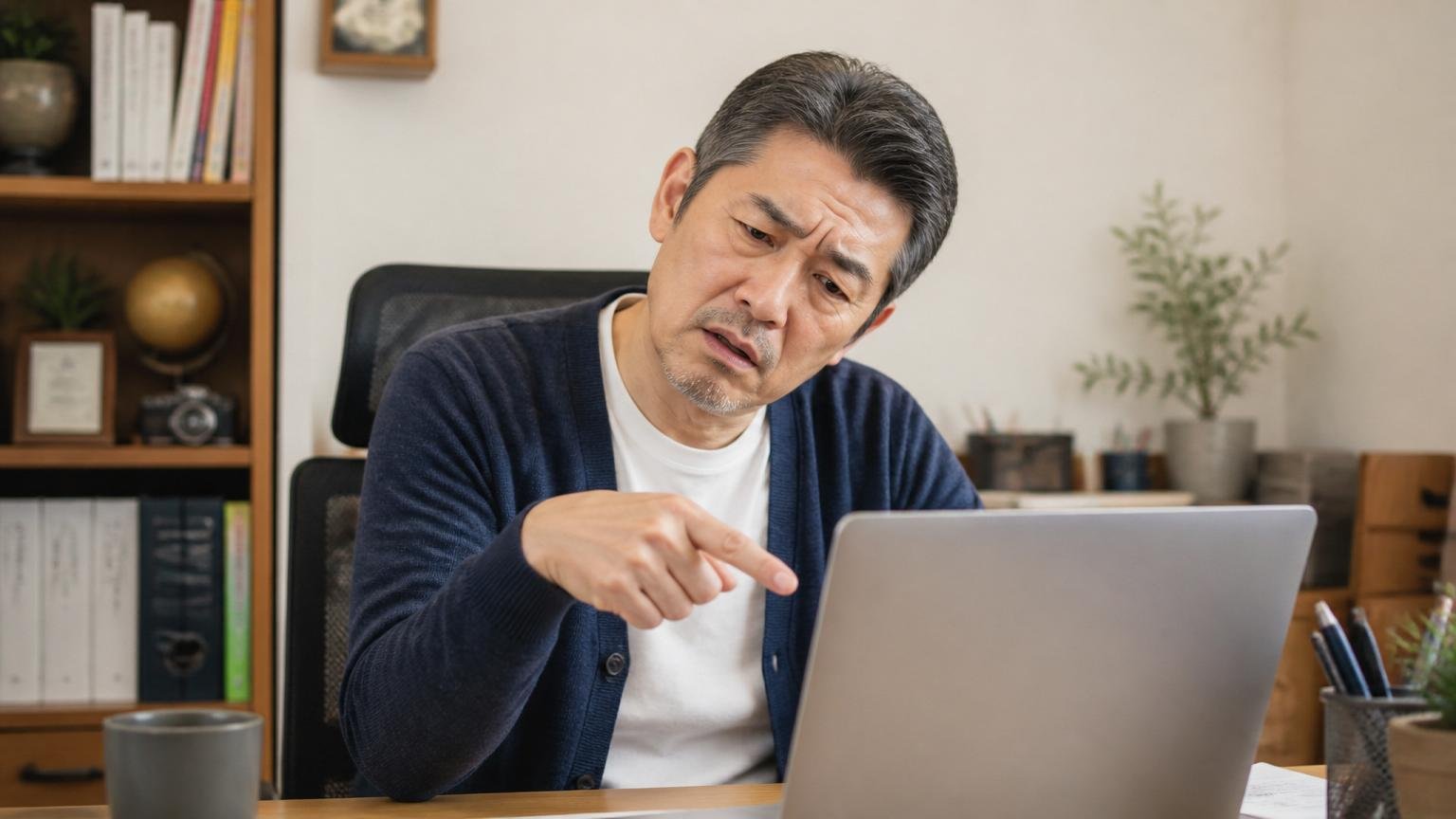 別サイトでは口コミ0件|自宅の書斎で50代男性がパソコン画面を指さし首をかしげる