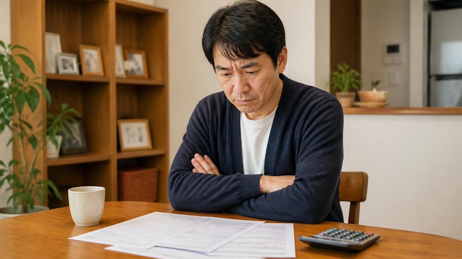 気になる評判は価格と担当者の差。ダイニングで見積書を前に腕を組む40代男性