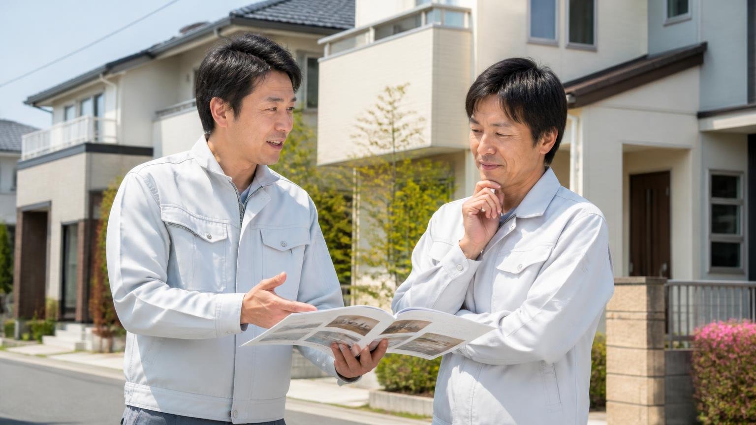 ヒュリカとはどんな会社か|牛久市の住宅街の前|作業服の男性2人|会社案内を手に説明