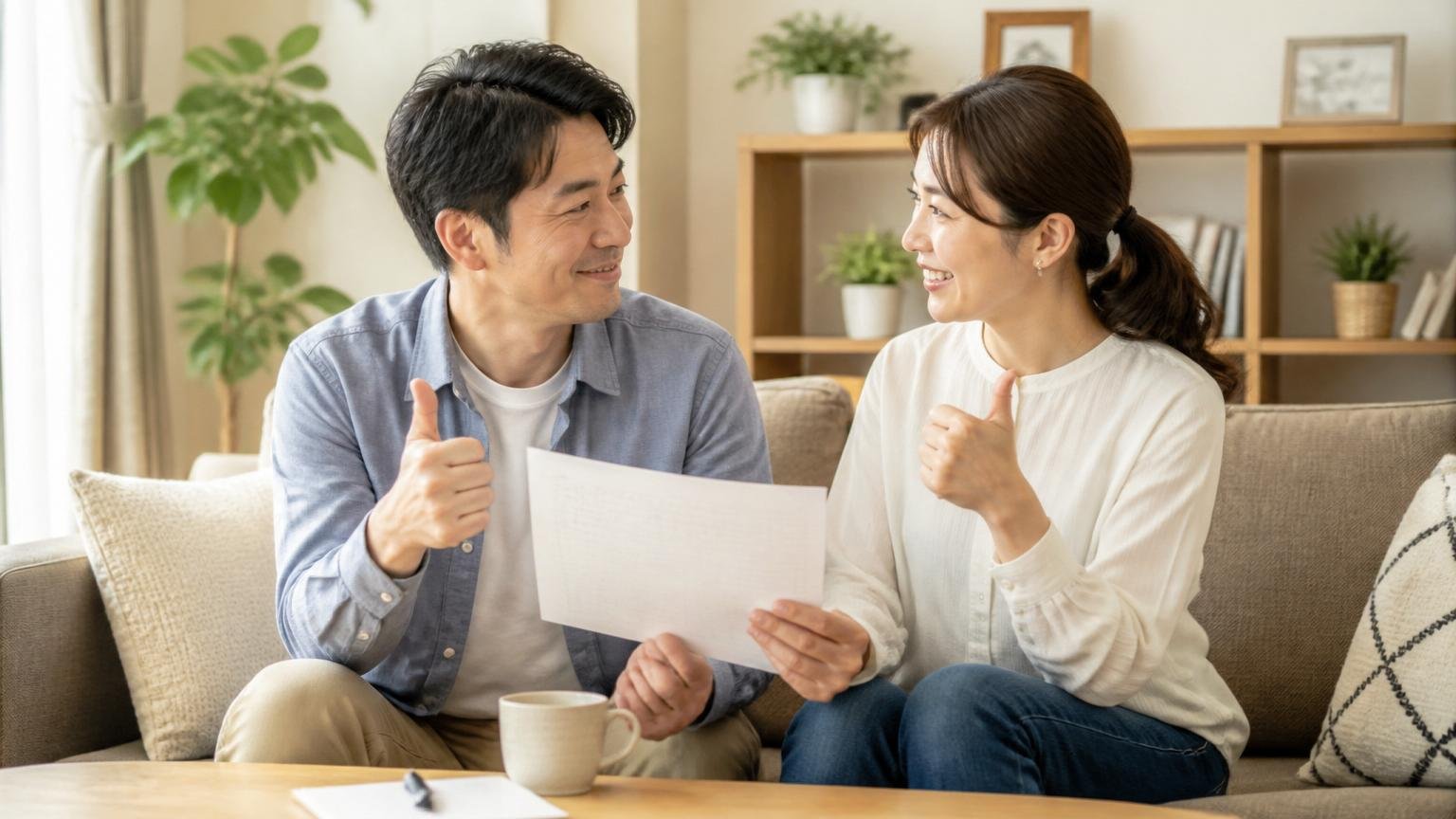 この記事で分かったことの整理。リビングで夫婦2人がメモを見ながら納得した表情で頷き合う