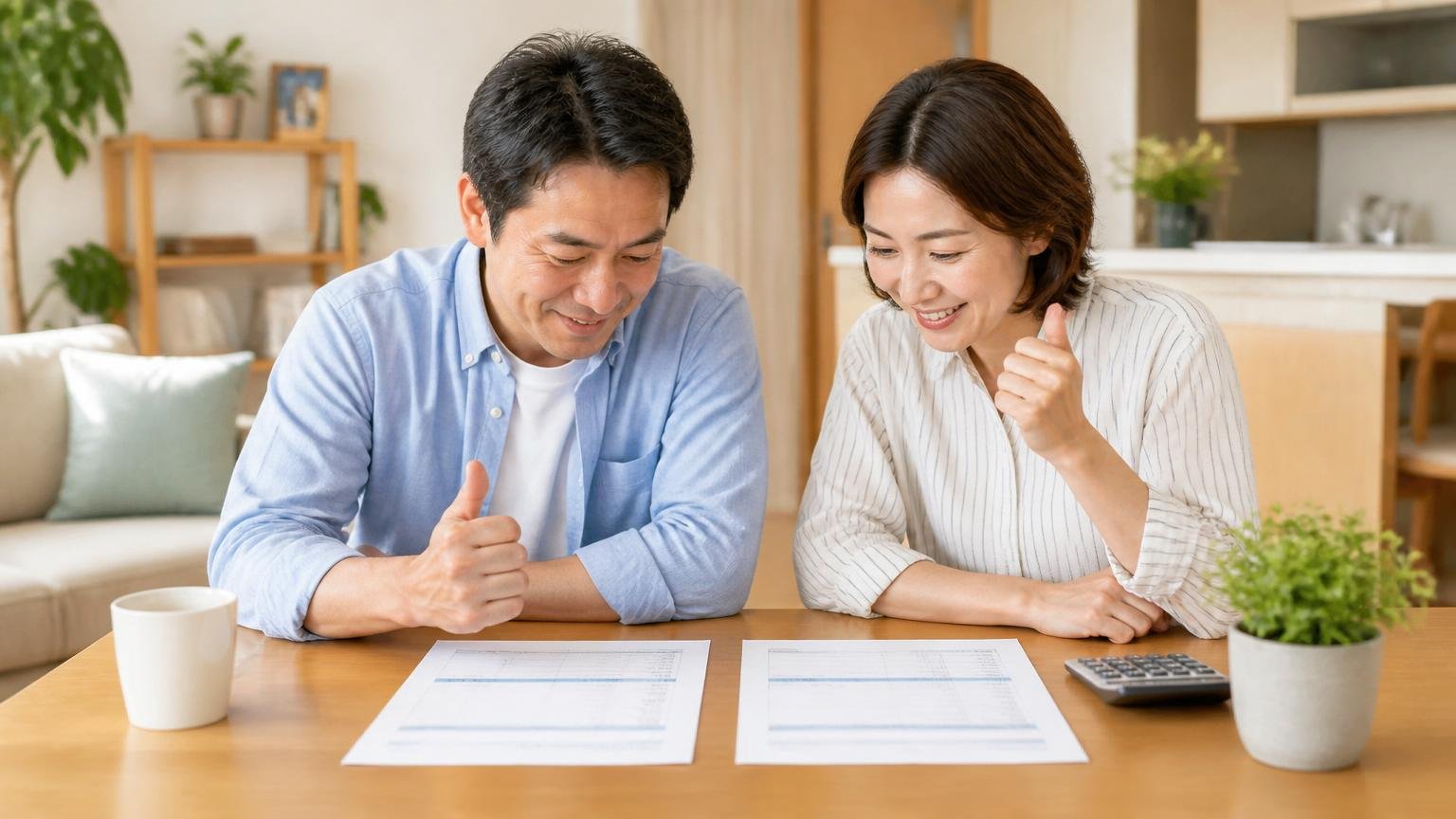 比べる相手を今日つくっておく。自宅リビングで2枚の見積書を並べた夫婦2人が笑顔でうなずく