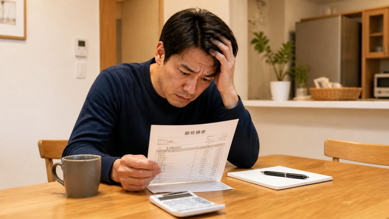 1社だけの見積もりで判断できず悩む場面。住宅のダイニングで住人1人が1枚の見積書を前に頭を抱えて座り込む