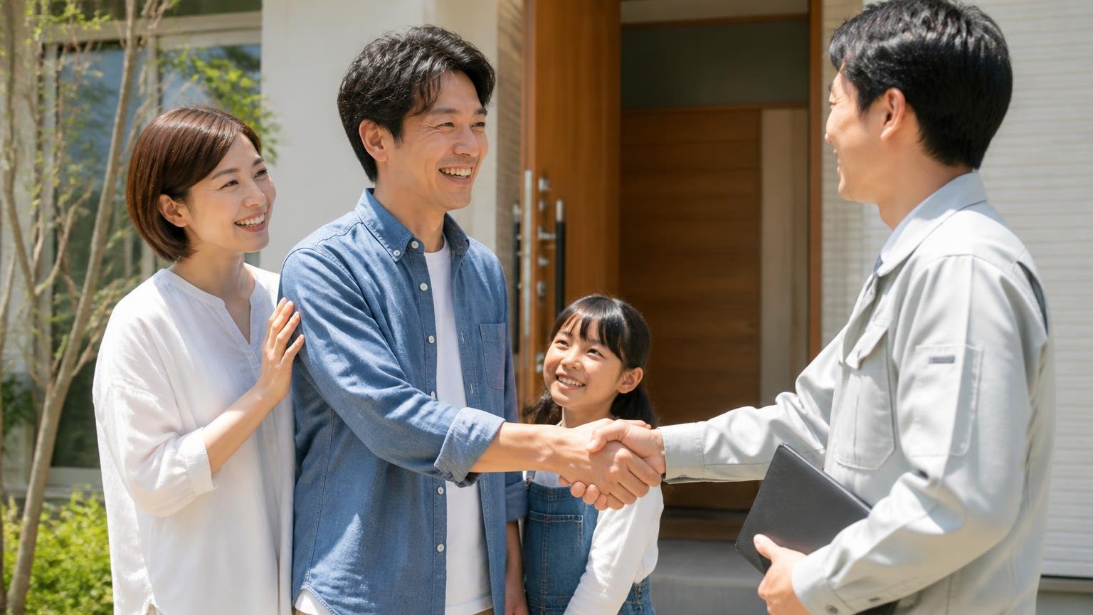 まずは無料の現地調査から始める|明るい木造戸建ての玄関前|家族3人と作業服の作業員1人|握手を交わし安心した笑顔