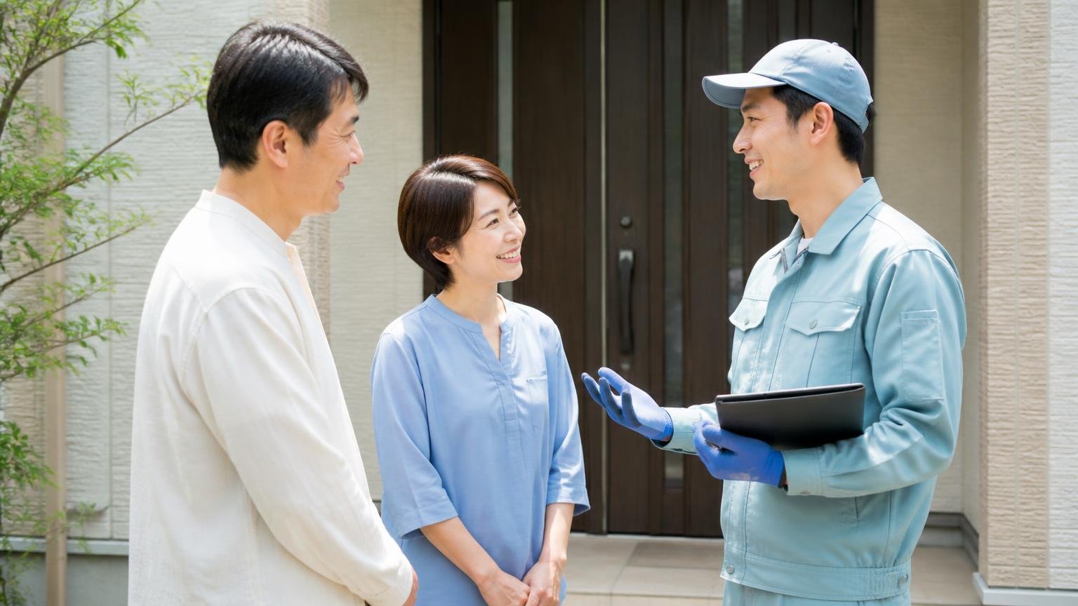 無料見積もりから始められる駆除業者 家の玄関前で住人2人が作業員1人に相談し前向きな笑顔を見せる