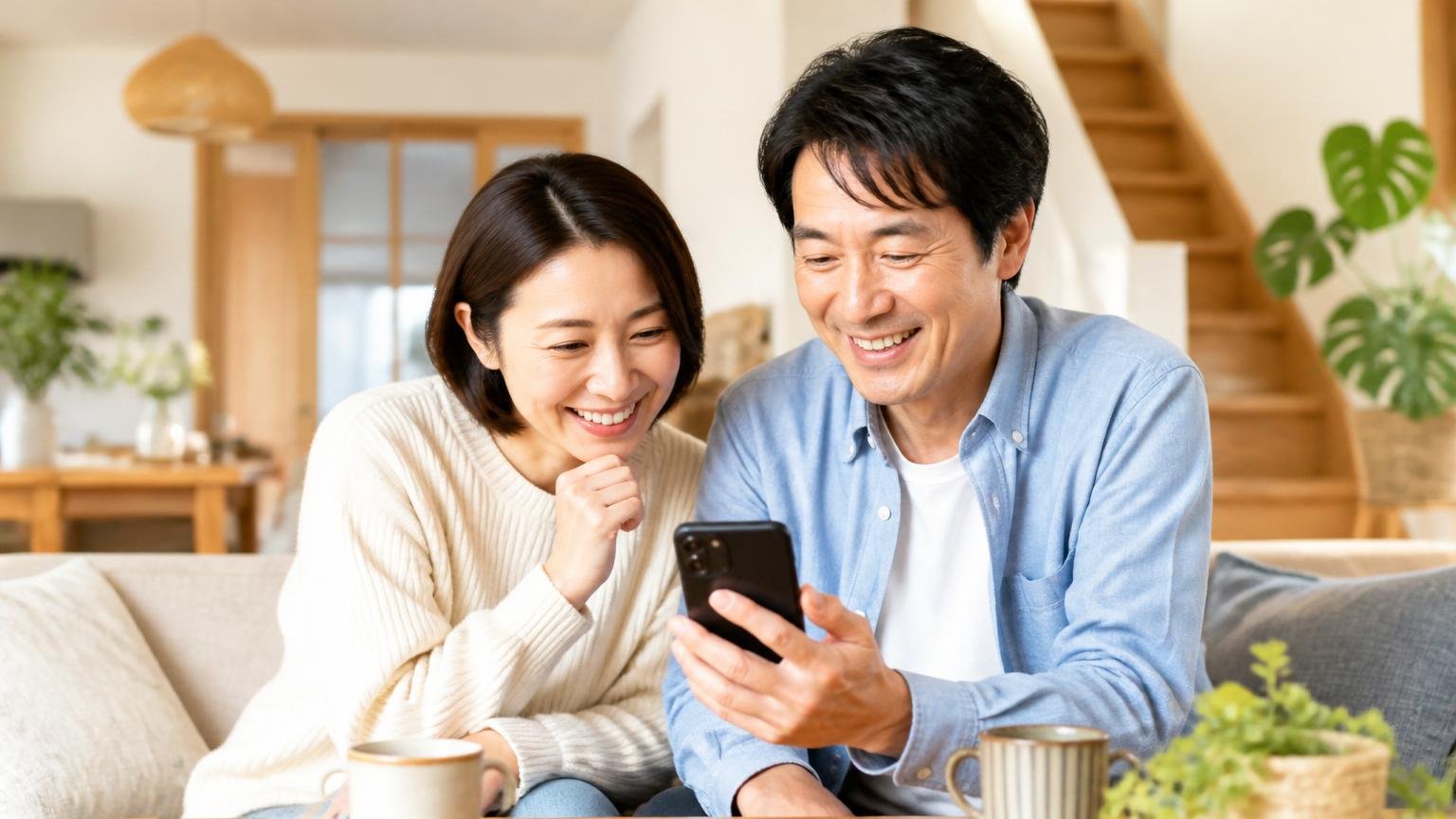 今日からできる、いちばん確実な一歩 木造戸建てのリビングでスマホを手に穏やかに笑う夫婦2人 安心した表情