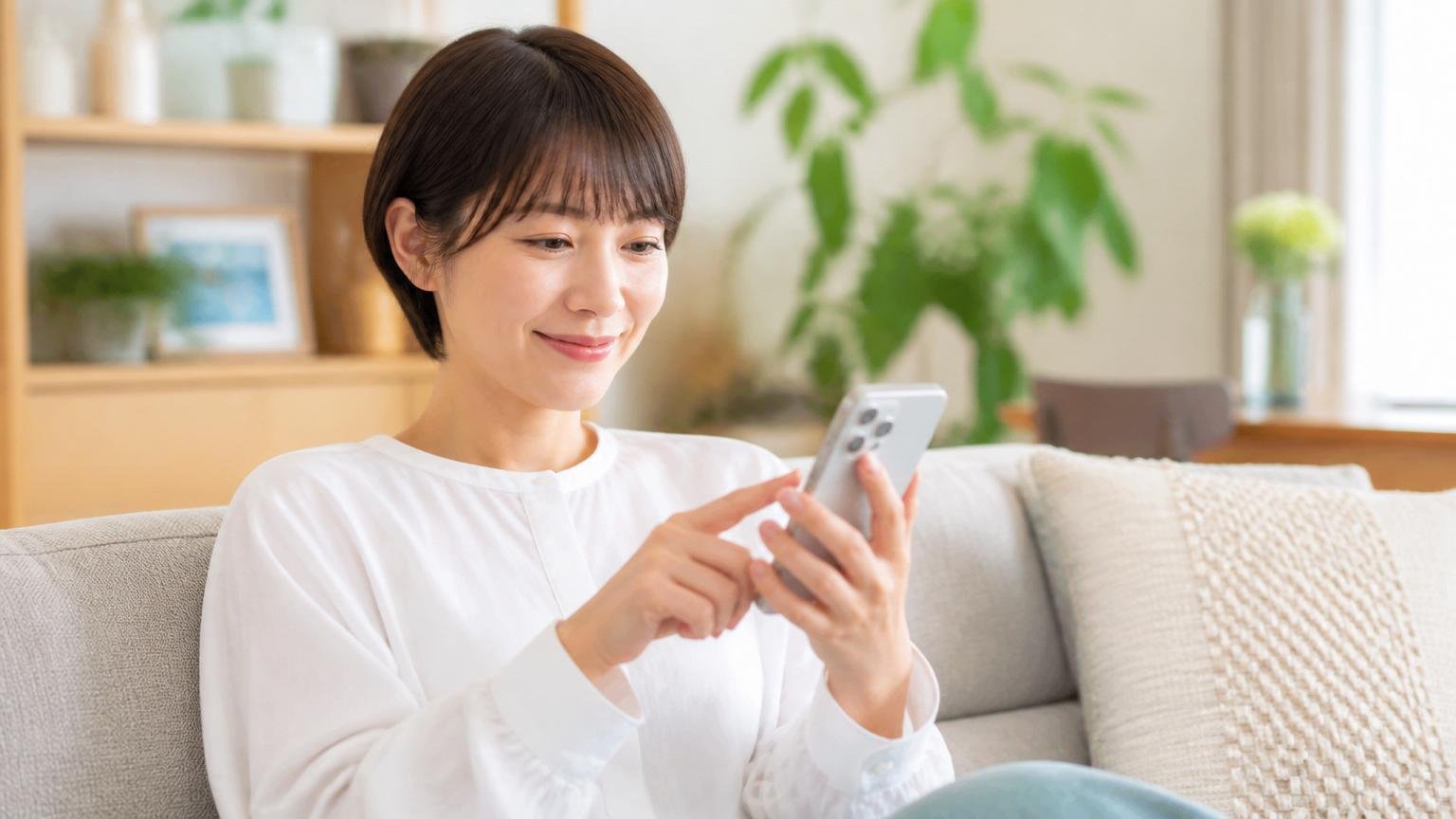 無料見積もりを申し込む。リビングでスマホを操作する女性1人が安心した表情