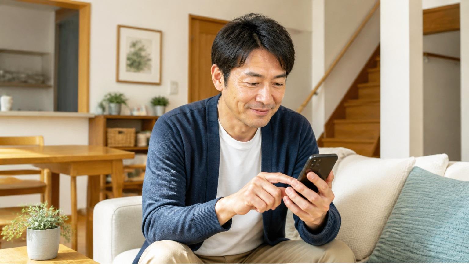 迷っているならまず無料で見てもらうところから 木造戸建てのリビングで穏やかな表情でスマホを操作する40代男性1名